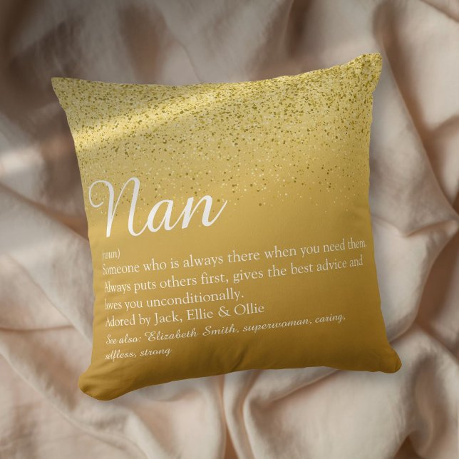 Almofada Melhor Avó, Definição de Avó em Ouro (Best Grandma, Grandmother Definition Script Gold Throw Pillow)