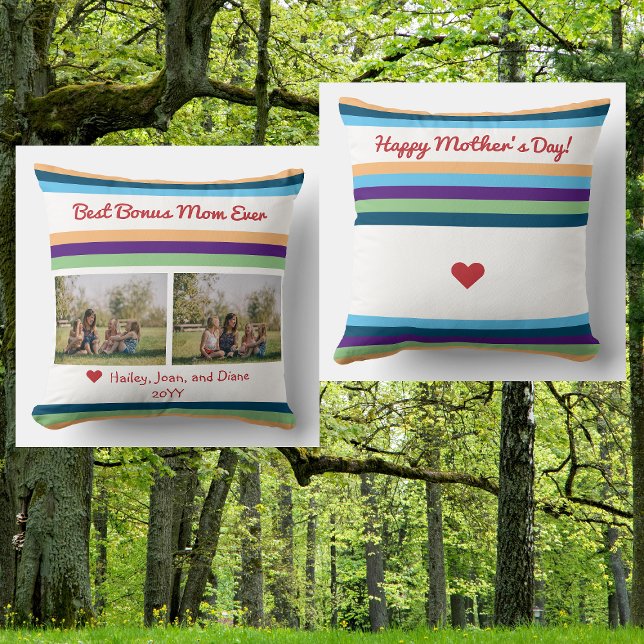 Almofada Melhor Bônus Mãe Ever 2 Fotos Nomes Script Modern (Best Bonus Mom Ever. Photo keepsake for Mother's Day. Modern pillow, elegant minimalist color bands)