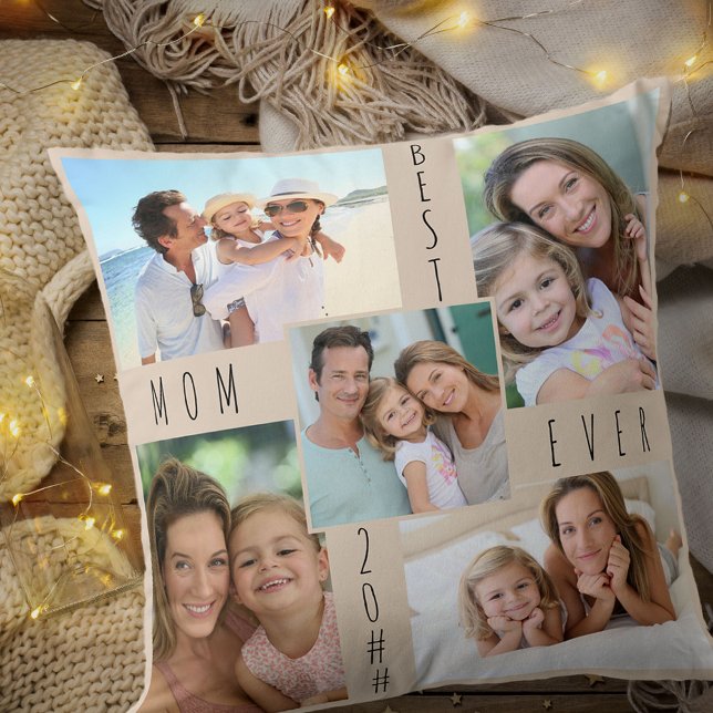 Almofada Melhor Mãe 5 Beige de Colagem de Fotos (Criador carregado)