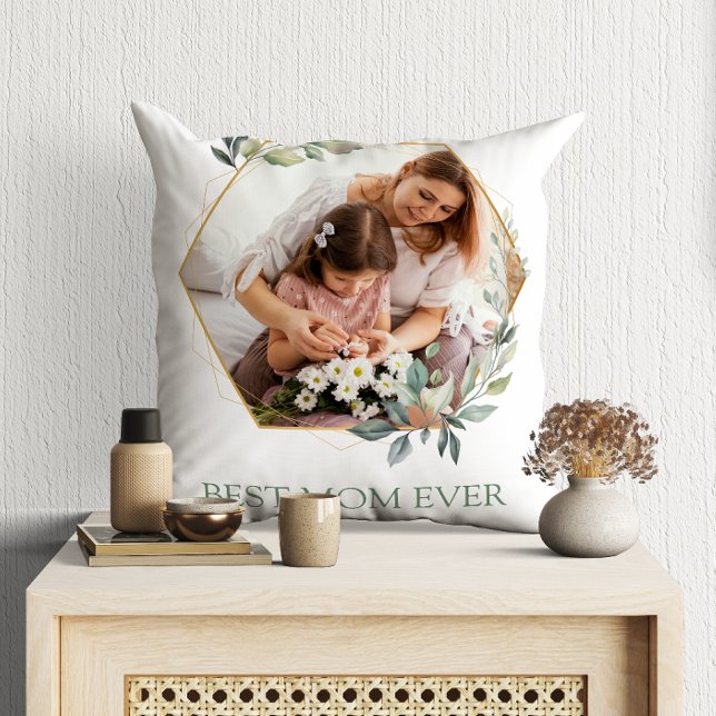 Almofada Melhor Mãe De 2 Fotos Eucalyptus Watercolor (Criador carregado)