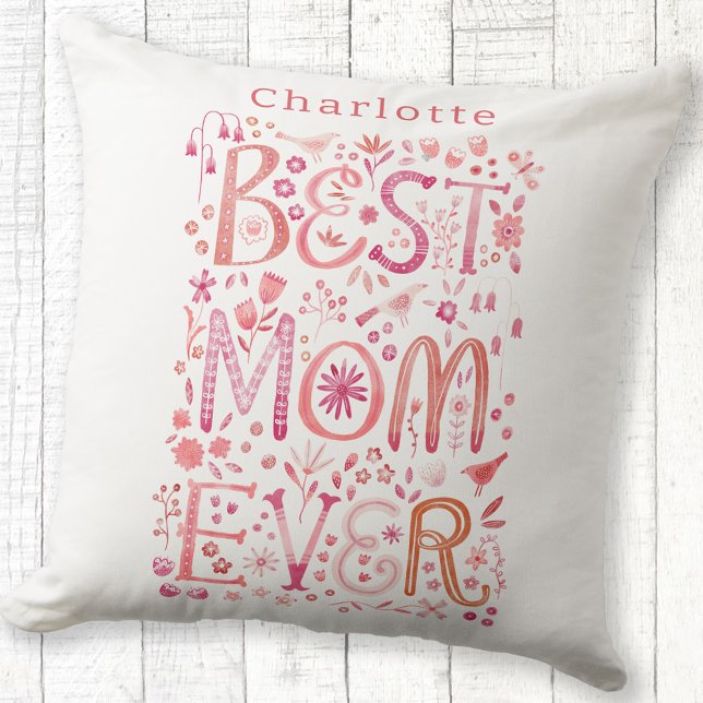 Almofada Melhor Mãe Nunca Personalizada Aquarela (Personalized name Best Mom Ever hand lettered floral pillow)