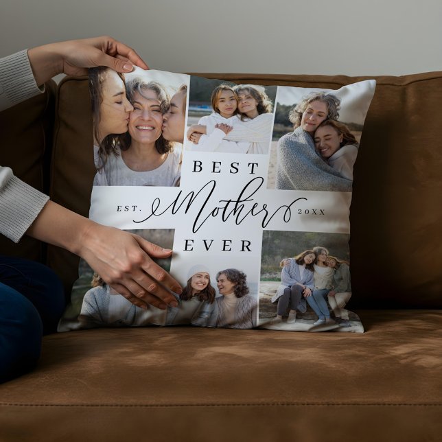 Almofada Melhor Presente de Mãe de Sempre Colagem de Fotos  (Best Mother Ever Script Photo Collage Keepsake Throw Pillow)