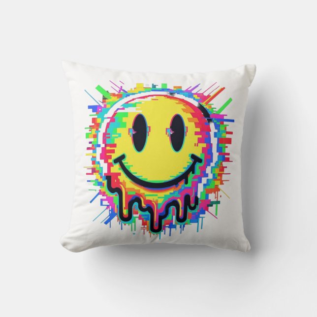 Almofada Melting Smiley Face Throw Pillow – Psychedelic Col (Frente)