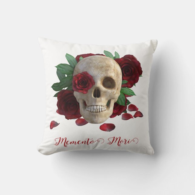 Almofada Memento Mori. Caveira com rosas vermelhas (Frente)
