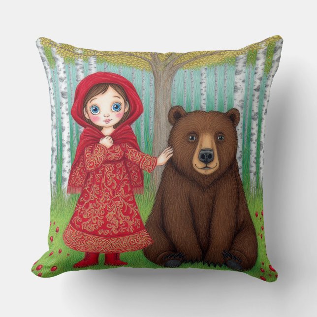 Almofada Menina Adorável e Urso em Floresta Caprichosa (Frente)
