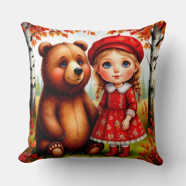 Almofada Menina Adorável e Urso em Floresta Caprichosa (Frente)
