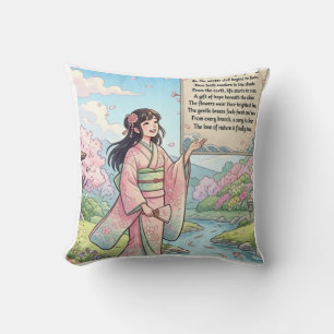 Almofada Menina Anime de Kimono com Poesia na Chegada da Pr