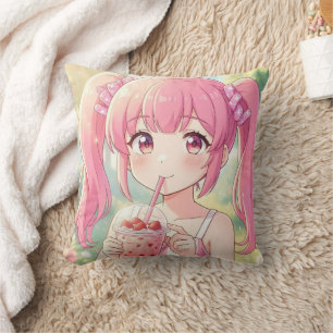 Almofada Menina Anime Fofa de Rosa Bebendo Chá de Bolhas