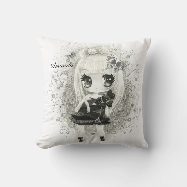 Almofada Menina bonito do chibi em preto & no branco - (Frente)