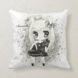 Almofada Menina bonito do chibi em preto & no branco -