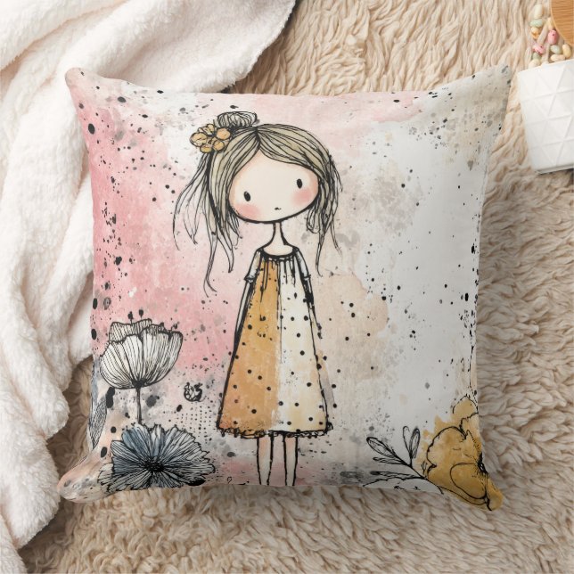 Almofada Menina Caprichosa Aquarela com Acentos Florais (1) (Cobertor)