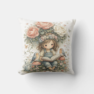 Almofada Menina Caprichosa do Jardim Lendo com Pássaros, Fl