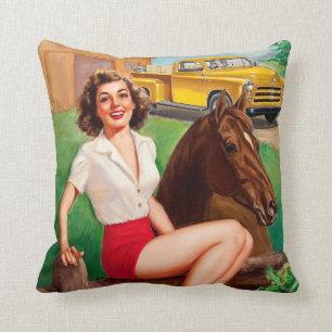 Almofada Menina & cavalo de fazenda retro das MENINAS MÁS