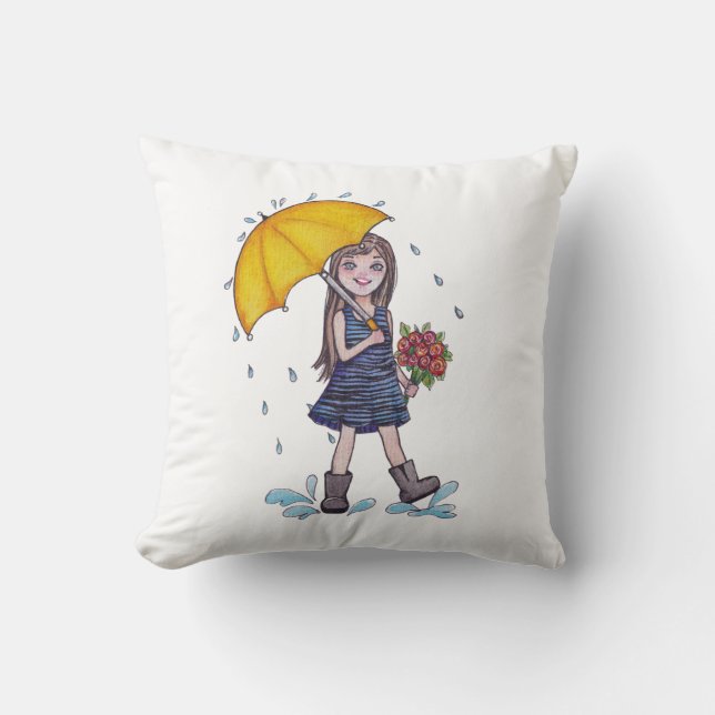 Almofada Menina Com Guarda-Chuva Amarelo Em Aquarela (Frente)