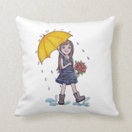 Almofada Menina Com Guarda-Chuva Amarelo Em Aquarela