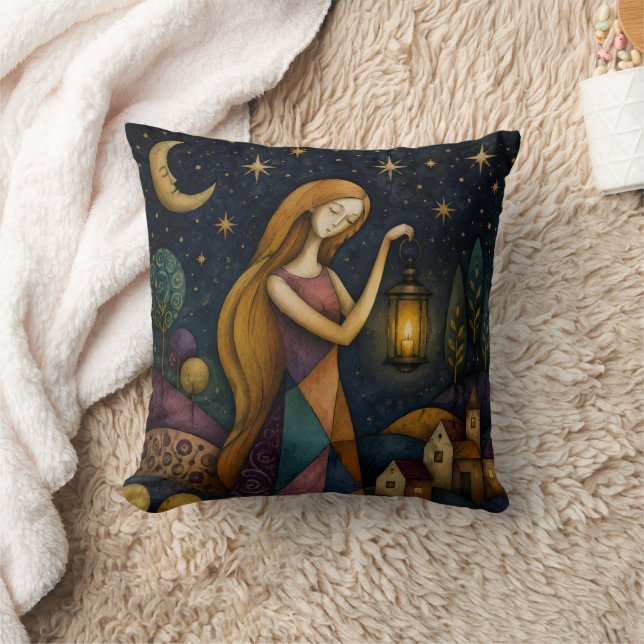 ALMOFADA MENINA COM LANTERNA SOB O CÉU ESTRELADO AZUL (Cobertor)