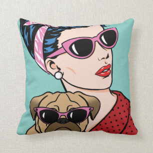 Almofada Menina cómica retro com travesseiro do cão