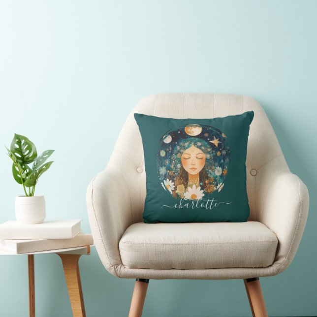 Almofada Menina Cósmica Ilustração Boho Moon & Daisy Person (Cadeira)