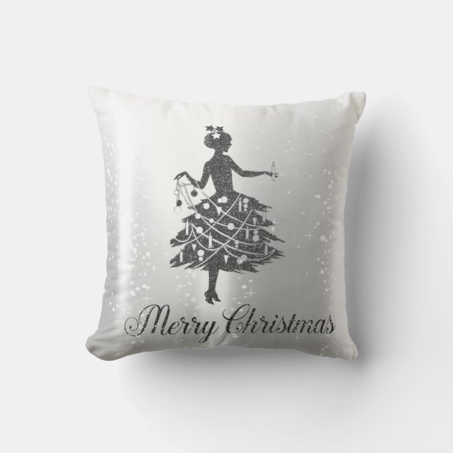 Almofada Menina da Árvore de Natal Prateada Brilhante Elega (Frente)