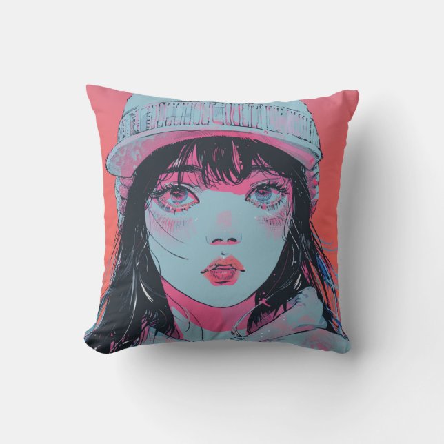 Almofada Menina de Anime Pastel com Arte de Touca (Frente)