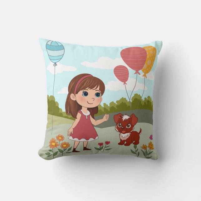 Almofada Menina Fofa com Cachorro e Balões  (Frente)