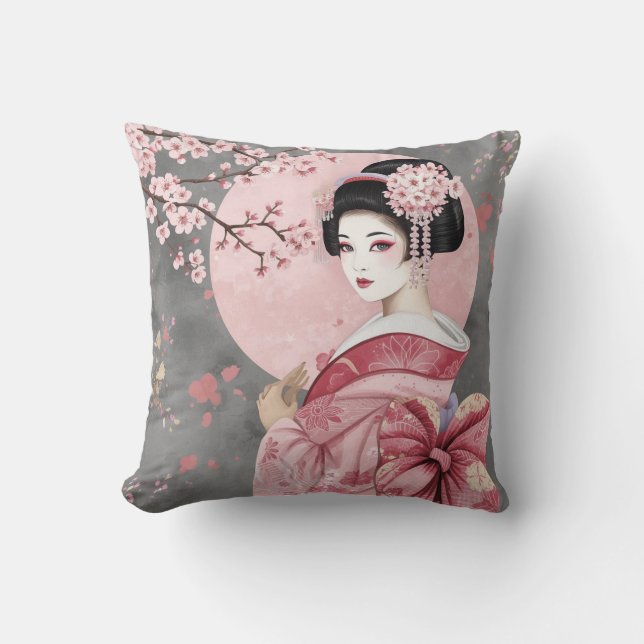 Almofada Menina Geisha Japonesa & Flores de Cerejeira (Frente)