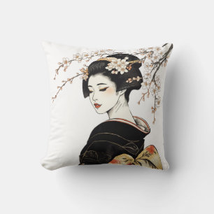 Almofada Menina Geisha Japonesa & Flores Preto Ouro