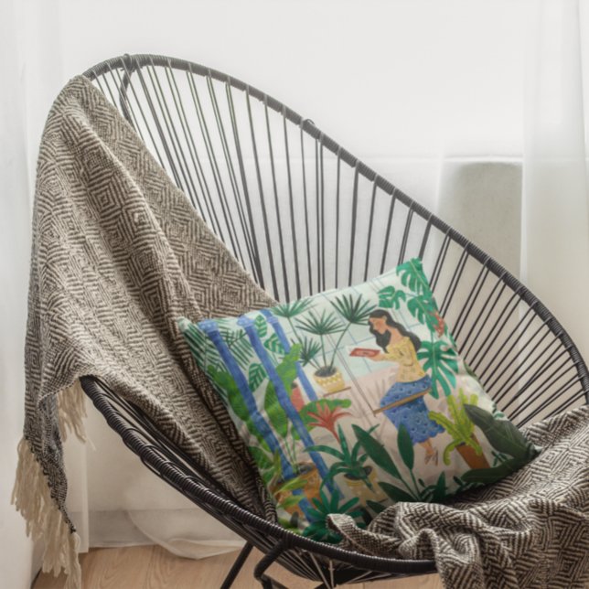 Almofada Menina lendo plantas de estufa azul mindfulness  (Criador carregado)