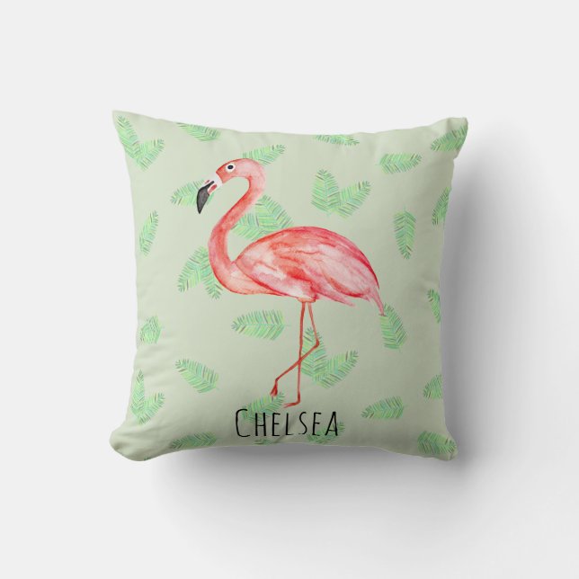 Almofada Menina Menina Tropical Rosa Flamingo Name Nursery (Frente)