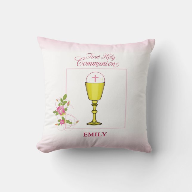 Almofada Menina Rosa Primeira Comunhão, Cálice, Hóstia, Ros (Frente)