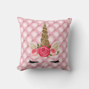 Almofada Menina Unicórnio Glitter Dourado & Rosas Rosas Fas