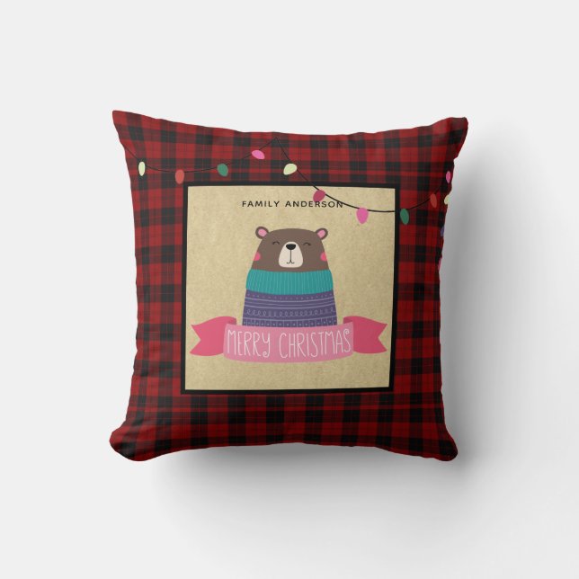 Almofada Meninas Personalizadas Xmas Brown Bear Buffalo Xad (Frente)