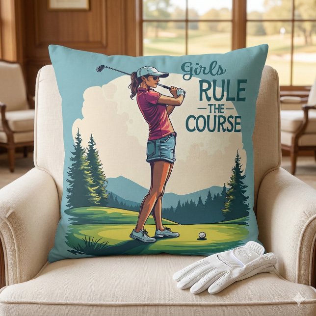 Almofada Meninas Regem a Ilustração Retro de Golfe do Curso (Girls Rule the Course Retro Golf Illustration Throw Pillow Mockup A)