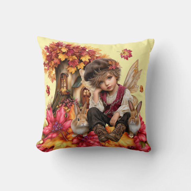 Almofada Menino Fada do Clã do Maple com Coelhos & Folhas d (Frente)