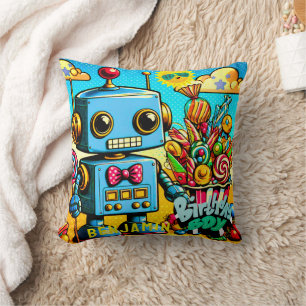 Almofada Menino robô retrô de aniversário personalizável
