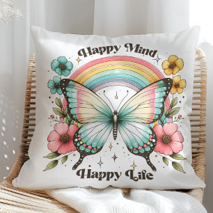 Almofada "Mente Feliz Vida Feliz" Pastel Borboleta Rainbow