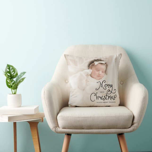 Almofada Merry Christmas Cute script Baby Photo (Cadeira)
