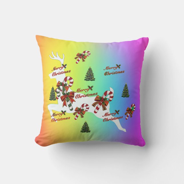 Almofada Merry Christmas Deer Rainbow Holiday Throw Pillow (Frente)