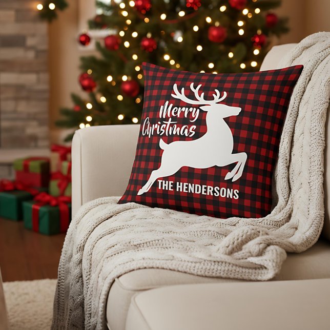 Almofada Merry Christmas Deer Red & Black Plaid Custom Name (Criador carregado)