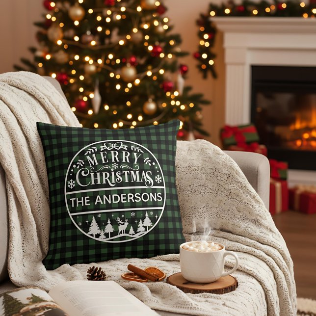 Almofada Merry Christmas Green & Black Plaid Custom Name (Criador carregado)