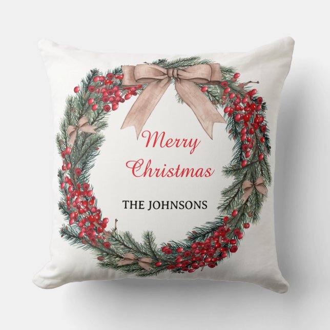 Almofada Merry Christmas Wreath Throw Pillow  (Frente)