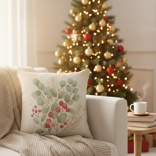 Almofada Merry Hearth: Rustic Christmas Botanical Watercolo (Criador carregado)