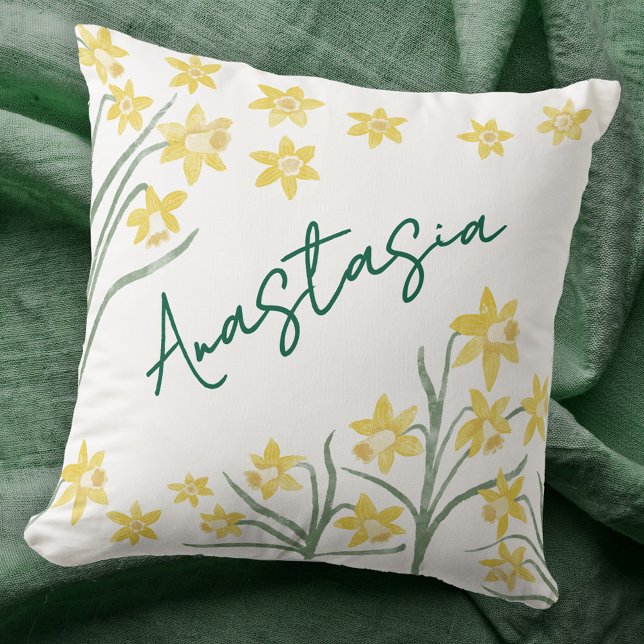 Almofada Mês de Nascimento Março Narciso Personalizado (March Birth Month Flower daffodil personalized custom name script font watercolor birthday pillow)