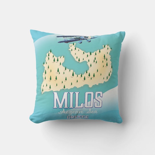 Almofada Milos, poster de viagens de mapa da ilha grega. (Frente)
