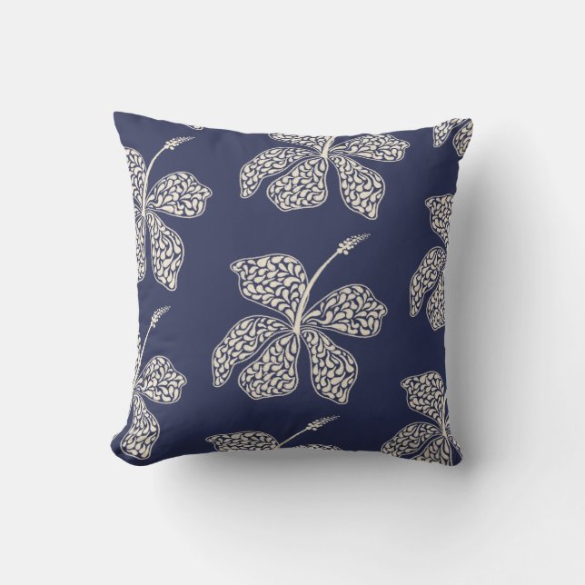 Almofada Minimal White Hibiscus Floral Navy Blue Design (Frente)