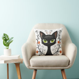 Almofada Minimalist Black Cat Green Eyes Filigree Design