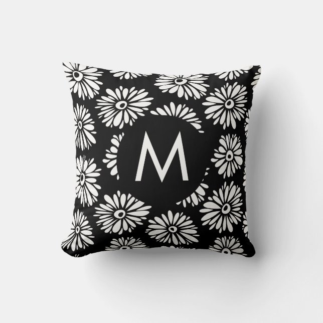 Almofada Minimalist Groovy Black and White Daisy Monogram (Frente)