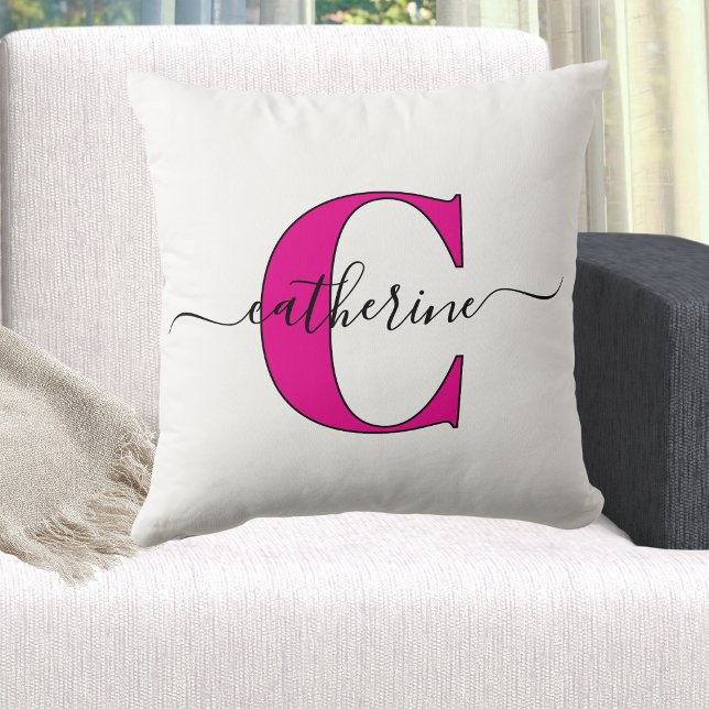 Almofada Minimalista Nome Monograma Rosa Branco Script Esti (Modern Customizable Hot Pink Script Monogram Throw Pillow)