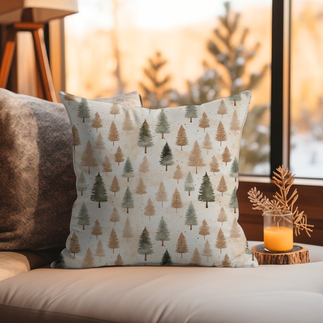 Almofada Mínimo de Beige Neutro Escandi Evergreen Trees (Minimalistic Winter Pattern Scandinavian Nordic Xmas Throw Pillow - Neutral Beige Tan Watercolor)