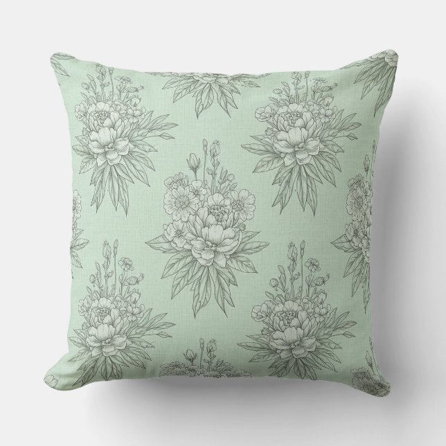 Almofada Mint Green Botanical Toile with Floral Bouquets (Frente)